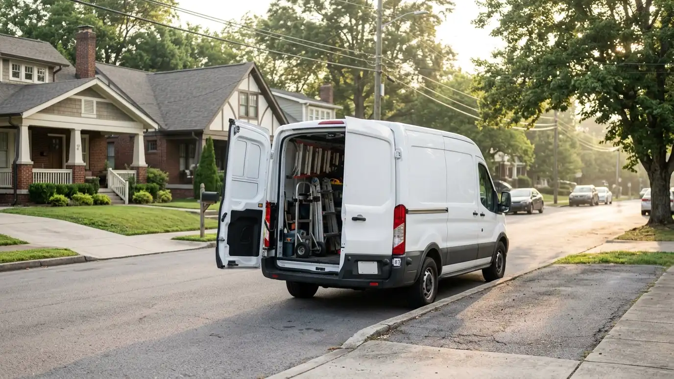 A plain white service van parked at a curb in a Nashville neighborhood with ladders and a dolly visible through the open rear doors