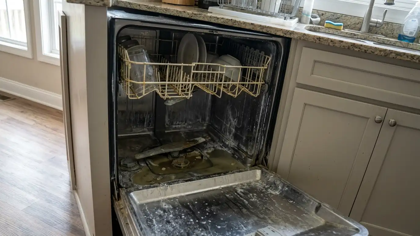 Before: a dishwasher with a dishwasher with hard-water film, stained racks and standing water