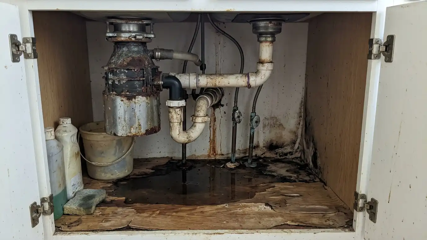 Before: an under-sink cabinet with a corroded old disposal with drip stains and a puddle