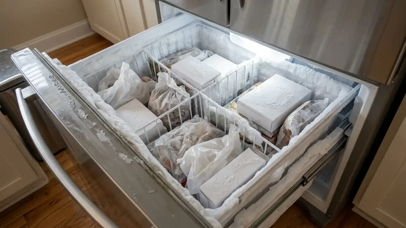 Before: a freezer drawer with a freezer with thick ice buildup on the walls and iced food