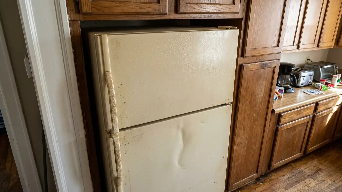 Before: a kitchen alcove with an old, scratched, dented refrigerator in a kitchen alcove