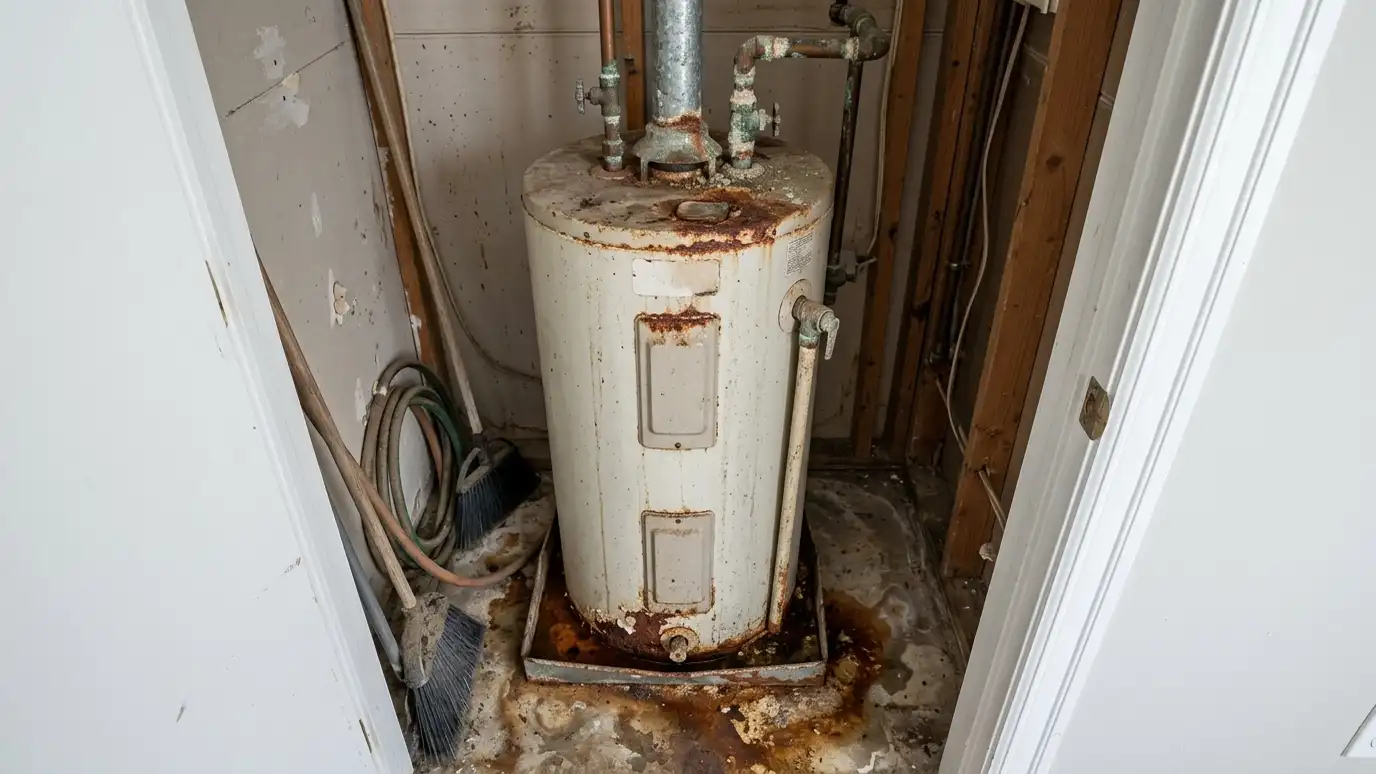 Before: a utility closet with a rusty old tank water heater with corroded fittings and stains