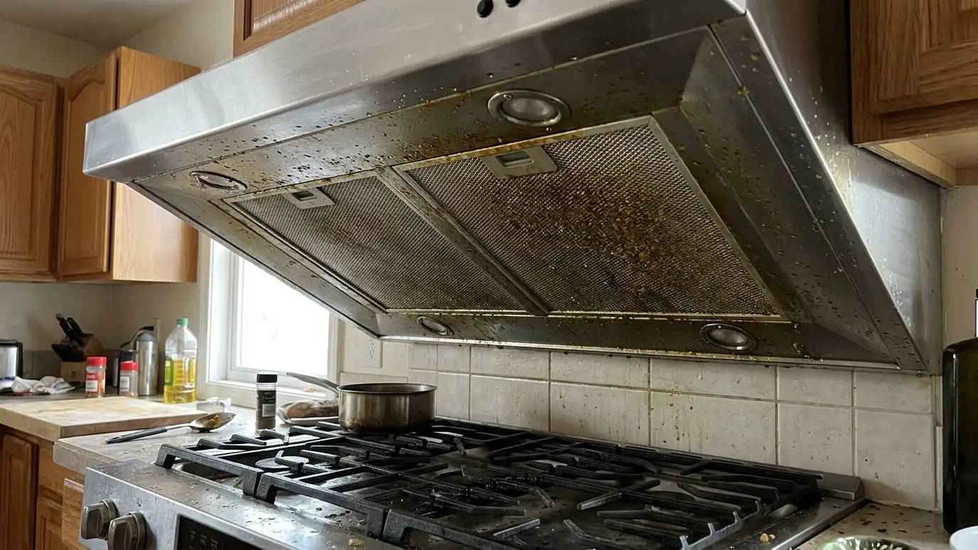 Before: a range hood with a range hood with a thick layer of caked grease on the filters