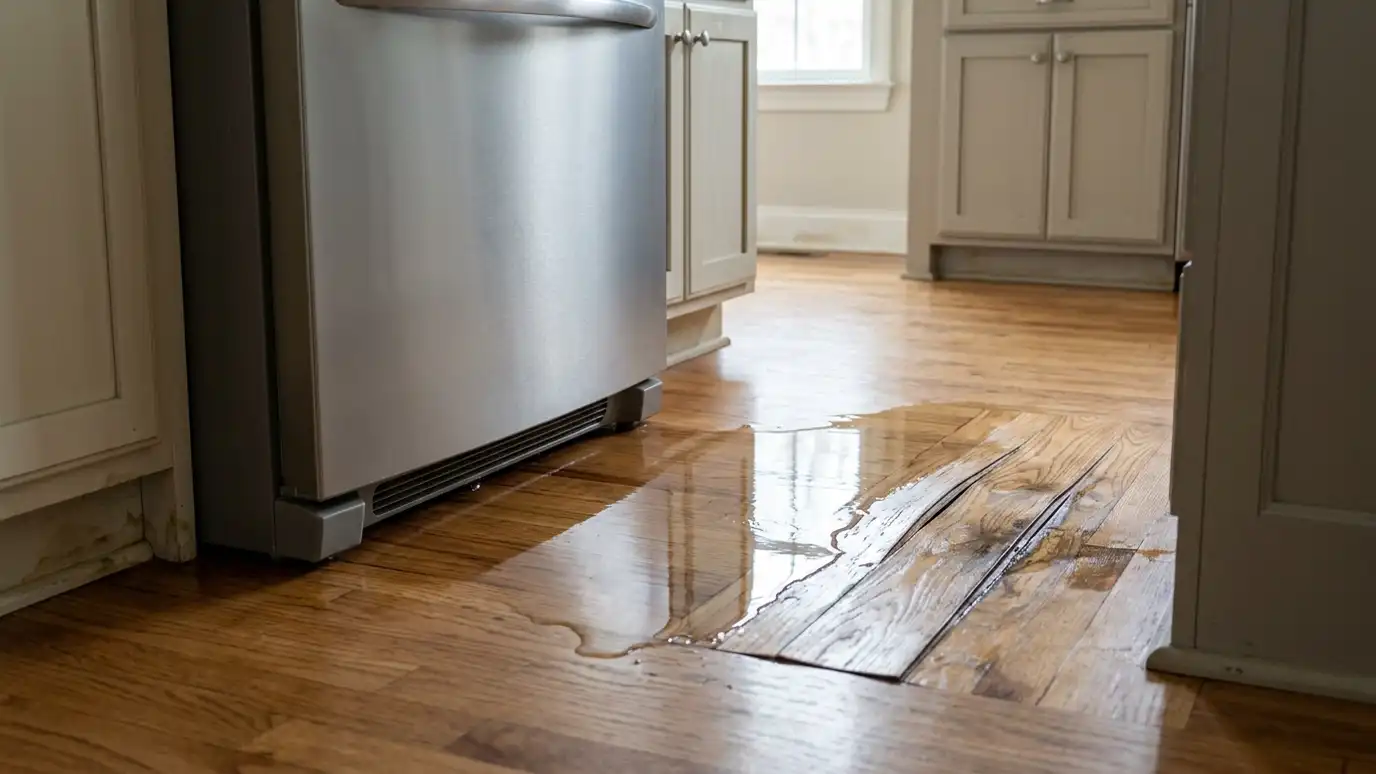 Before: a kitchen floor with a puddle spreading from under a refrigerator beside warped flooring
