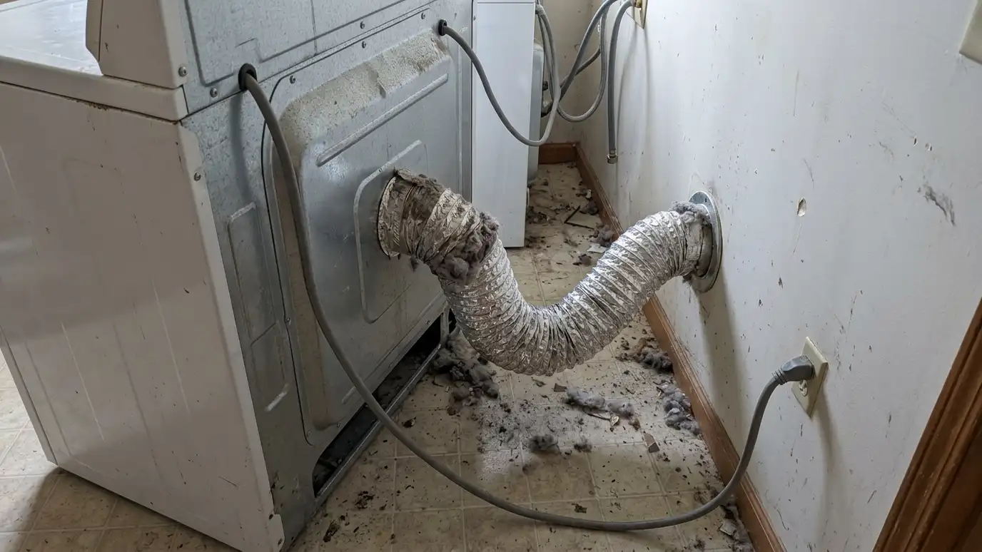 Before: behind a dryer with a crushed, lint-clogged foil vent hose and fluff on the floor