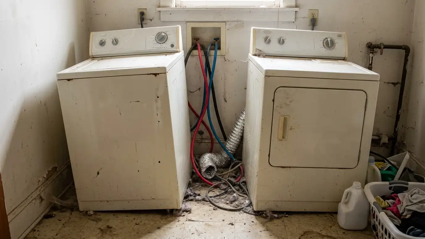 Before: a laundry room with an old washer and dryer pushed crooked with tangled hoses and dust