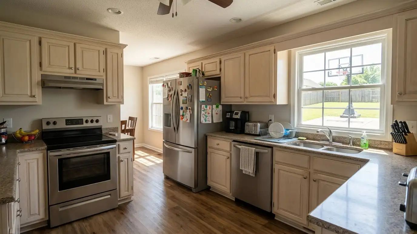 A kitchen in a Antioch, Tennessee home with a stainless refrigerator and range