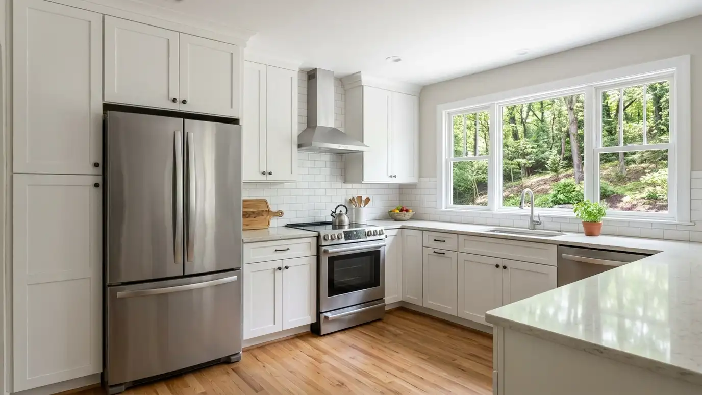 A kitchen in a Bellevue, Tennessee home with a stainless refrigerator and range