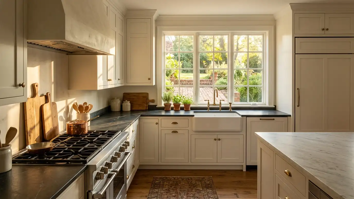 A kitchen in a Franklin, Tennessee home with a stainless refrigerator and range