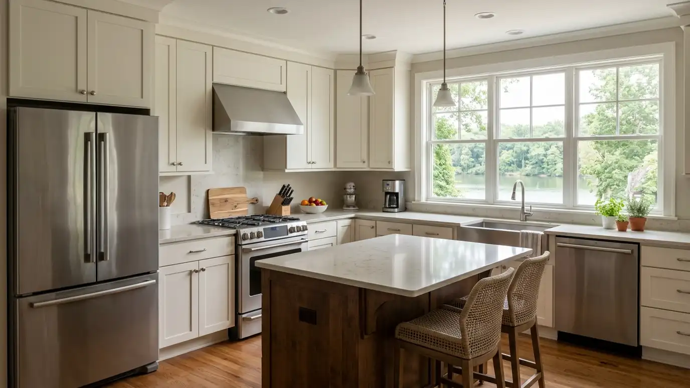 A kitchen in a Gallatin, Tennessee home with a stainless refrigerator and range