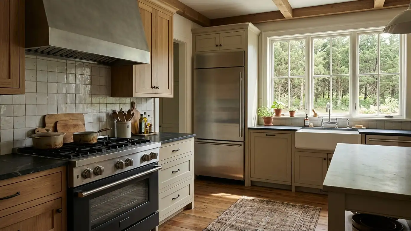 A kitchen in a Lebanon, Tennessee home with a stainless refrigerator and range