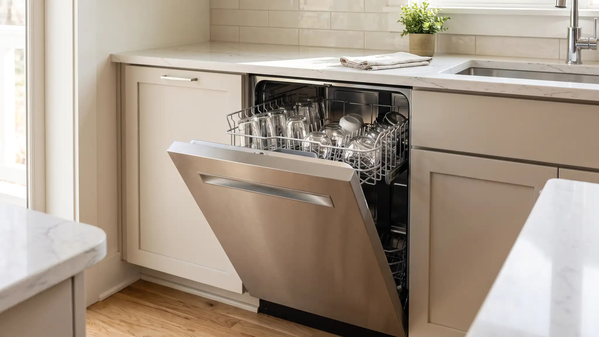 A modern built-in stainless dishwasher partially open in a clean kitchen with sparkling glasses on the top rack