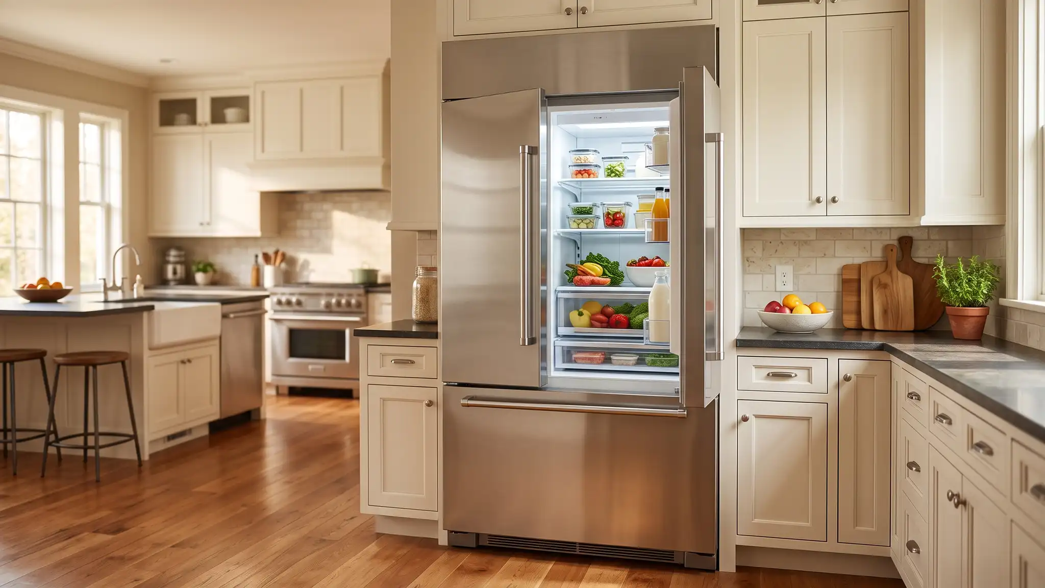 A large stainless steel french door refrigerator in a spacious kitchen with the doors slightly open showing neatly organized shelves