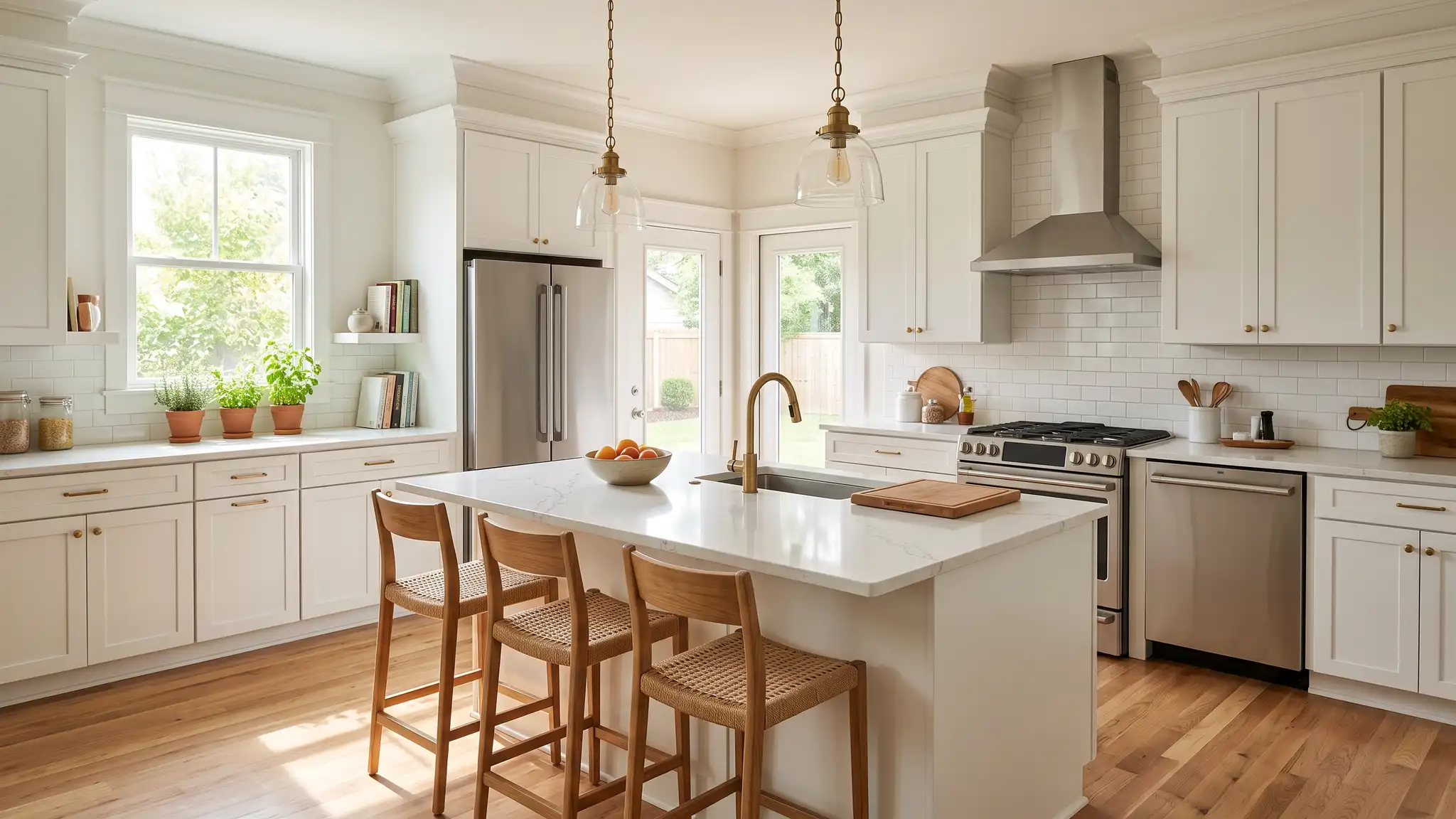 A bright Nashville kitchen with a matching suite of stainless steel appliances, a french door refrigerator, a gas range with a hood, a built-in dishwasher, white shaker cabinets and a quartz island in morning light