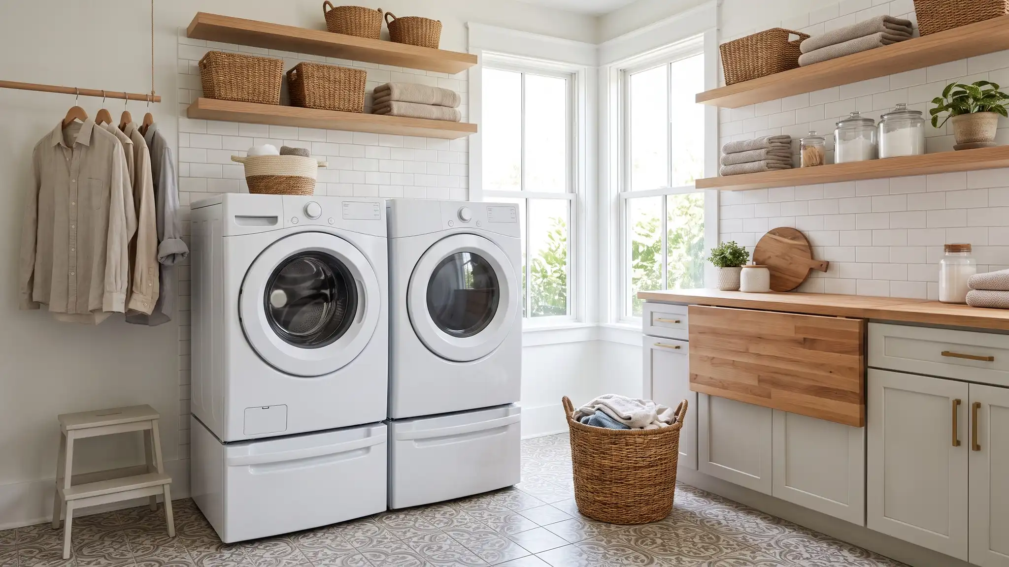 A bright modern laundry room with a front load washer and dryer in white on pedestals, a folding counter and shelves with baskets
