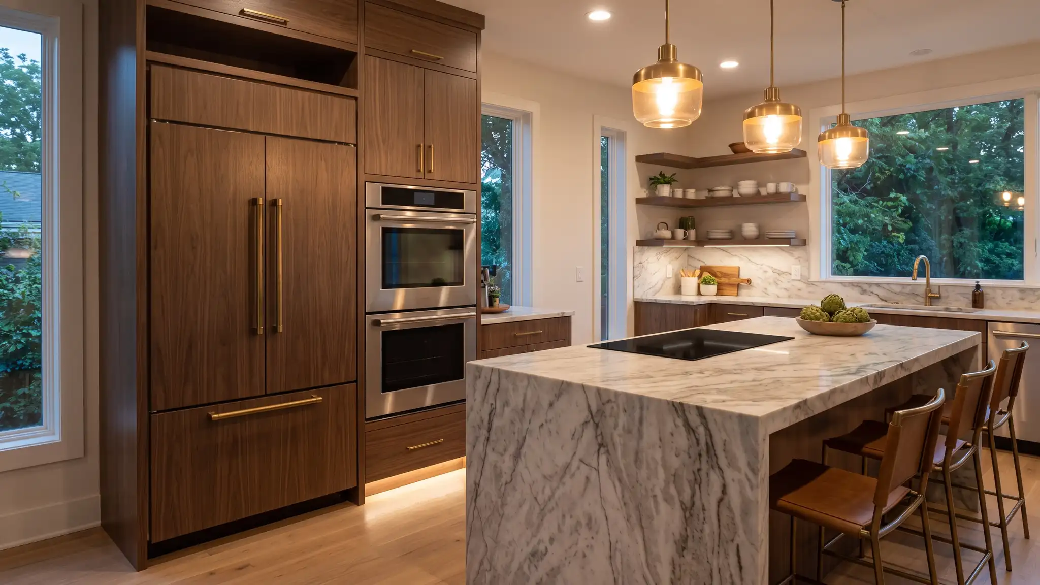 A luxury kitchen with a built-in panel-ready refrigerator, a wall oven and speed oven stack and an induction cooktop in a marble island