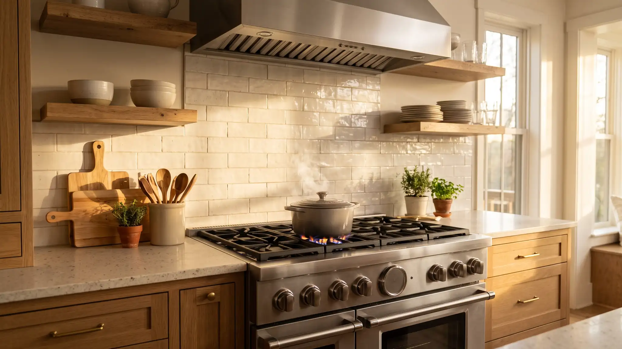 A professional style stainless steel range with six gas burners and a matching hood in a warm farmhouse kitchen with a pot simmering