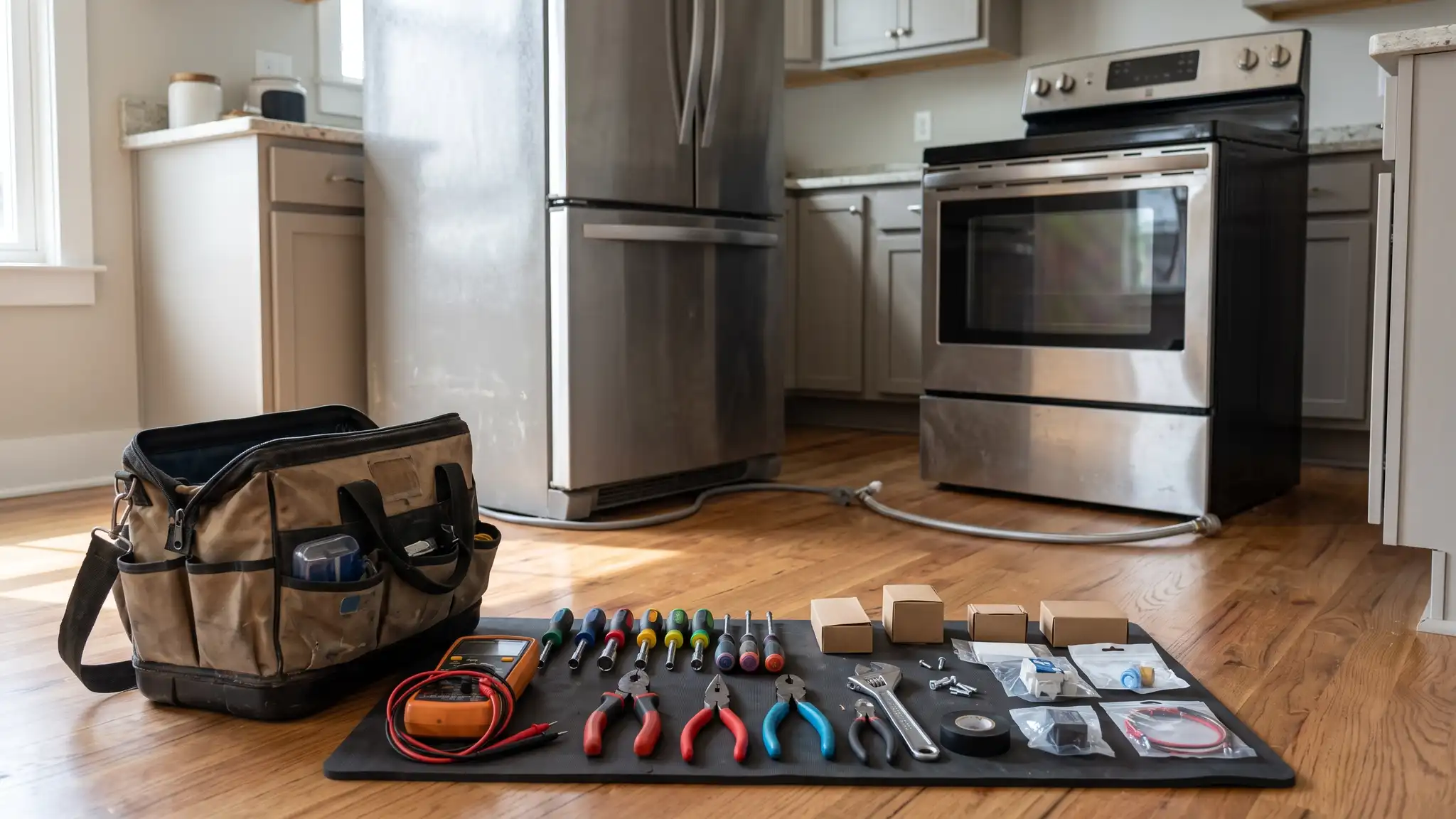 An appliance service toolkit open on a kitchen floor in front of a pulled-out refrigerator and range with a multimeter, nut drivers and replacement parts