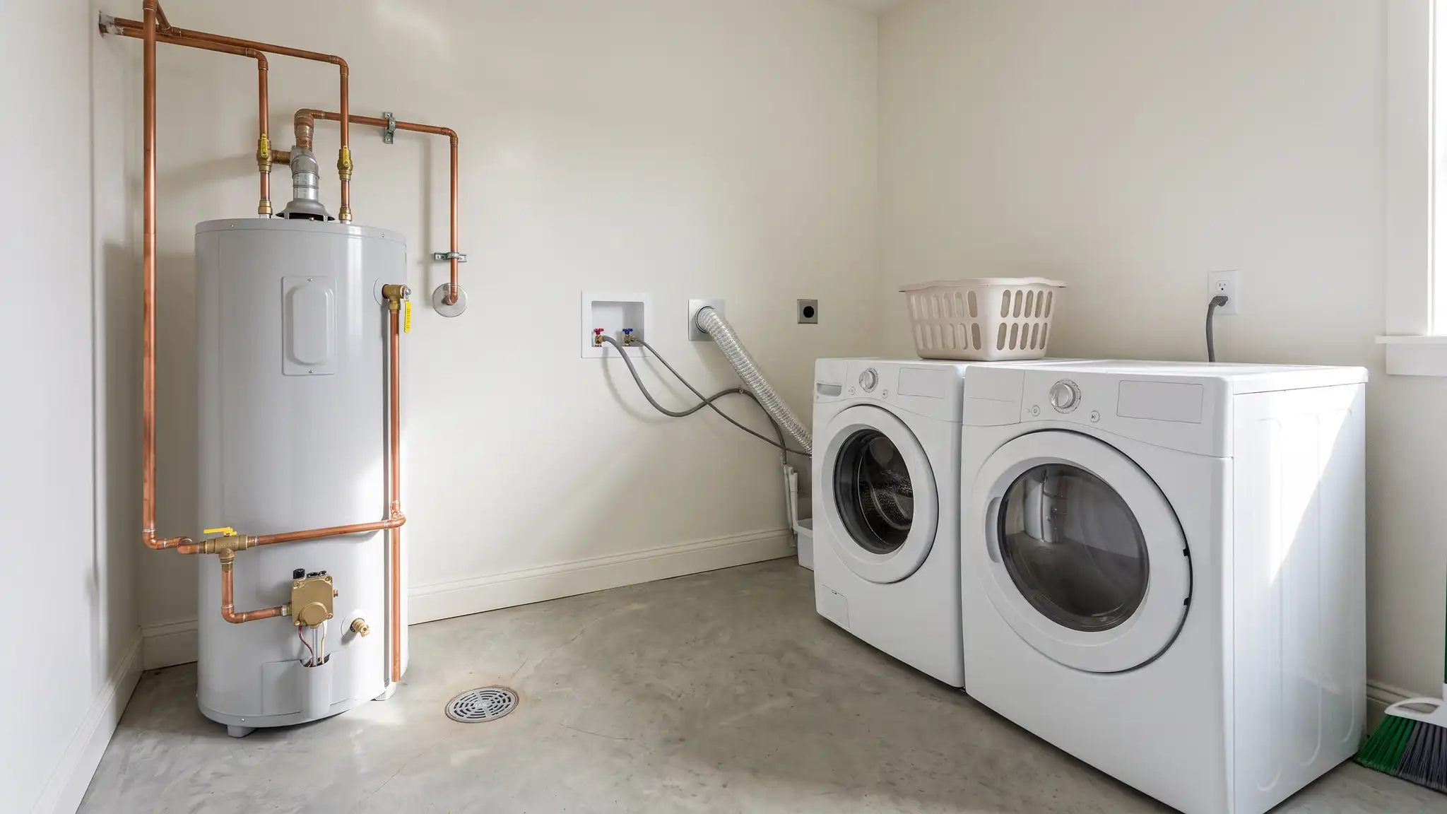 A tidy utility room with a tank water heater, a washer and dryer pair and a floor drain with clean copper pipes