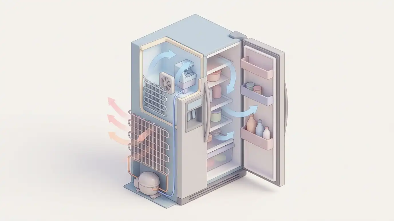 A clean 3D cutaway illustration of a refrigerator showing the compressor, condenser coils, evaporator, fan and water line with color-coded airflow arrows