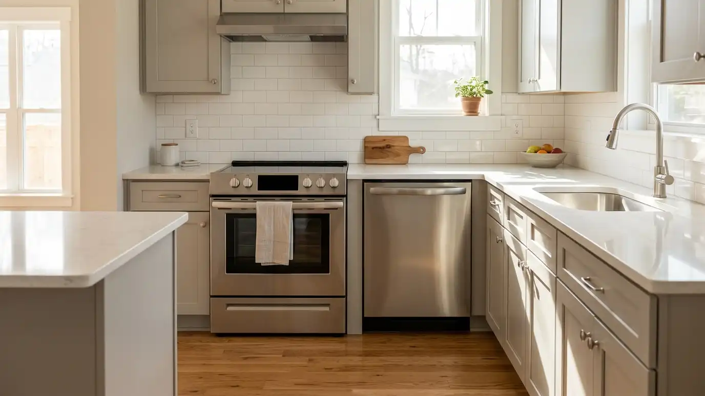 Appliance resource guides | Music City Appliance Repairs A sunny finished kitchen with a freshly installed suite of stainless appliances, a clean range and a dishwasher in a row