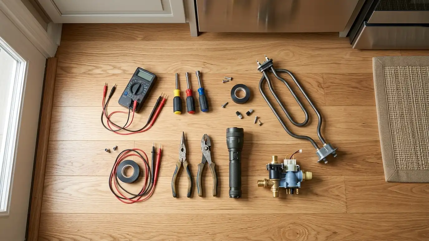 A flat lay on a clean kitchen floor of appliance repair tools: a multimeter, nut drivers, pliers, a flashlight, a replacement heating element and a water inlet valve