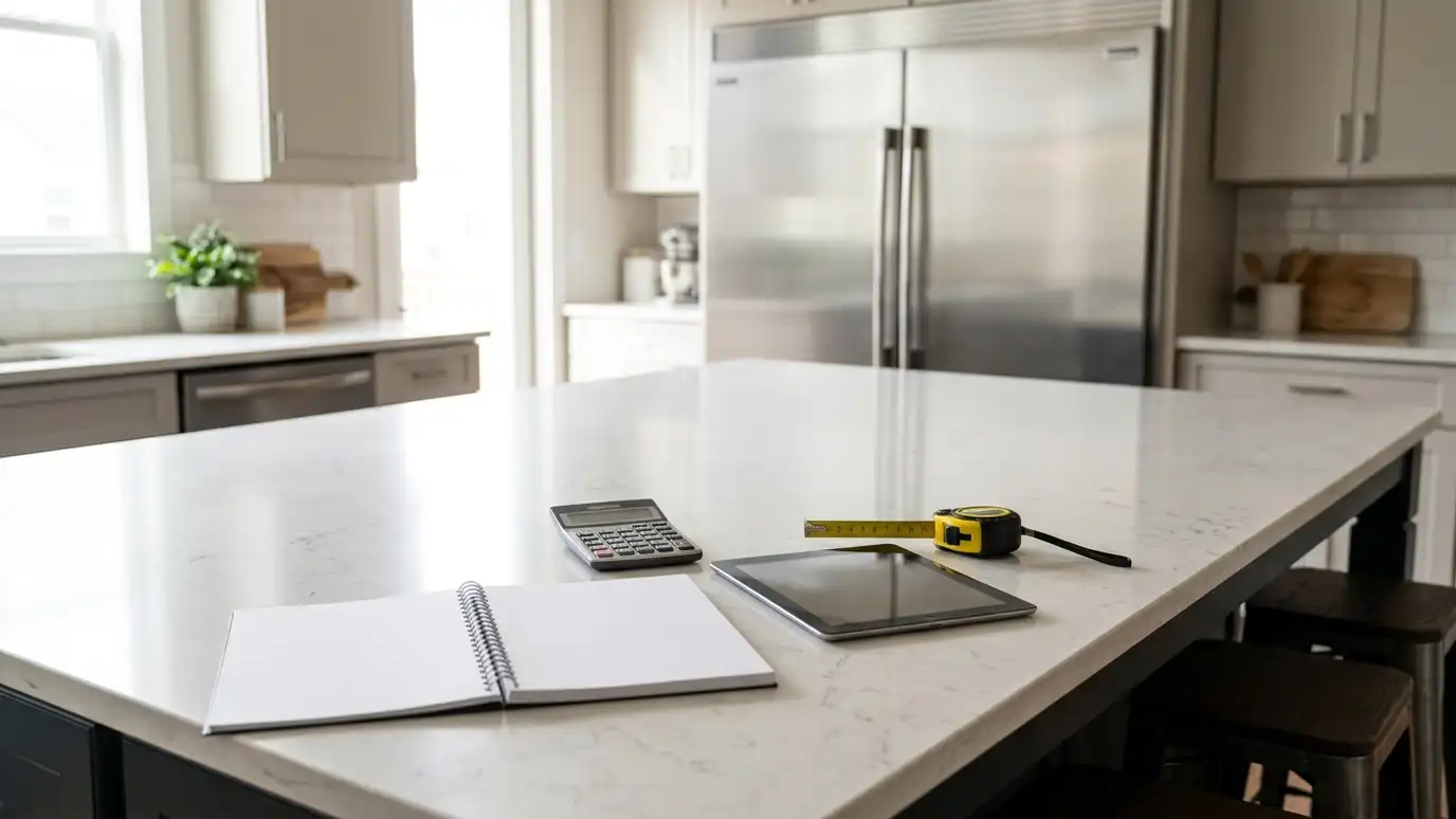 Appliance repair tools and calculators | Music City Appliance Repairs A kitchen island with an open blank notebook, a calculator, a tablet with a blank screen and a measuring tape with a stainless refrigerator behind
