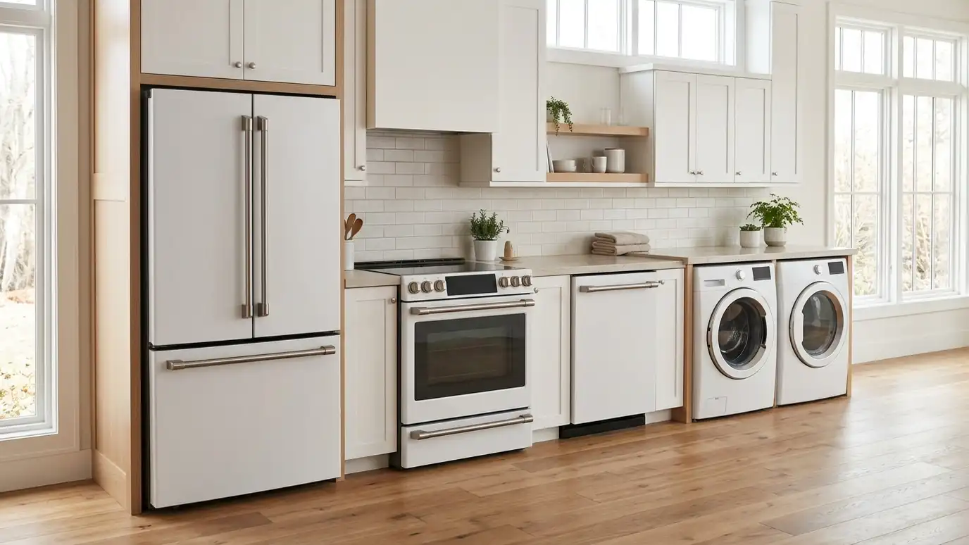 A showroom style row of a refrigerator, a range, a dishwasher, a washer and a dryer in matching stainless and white finishes