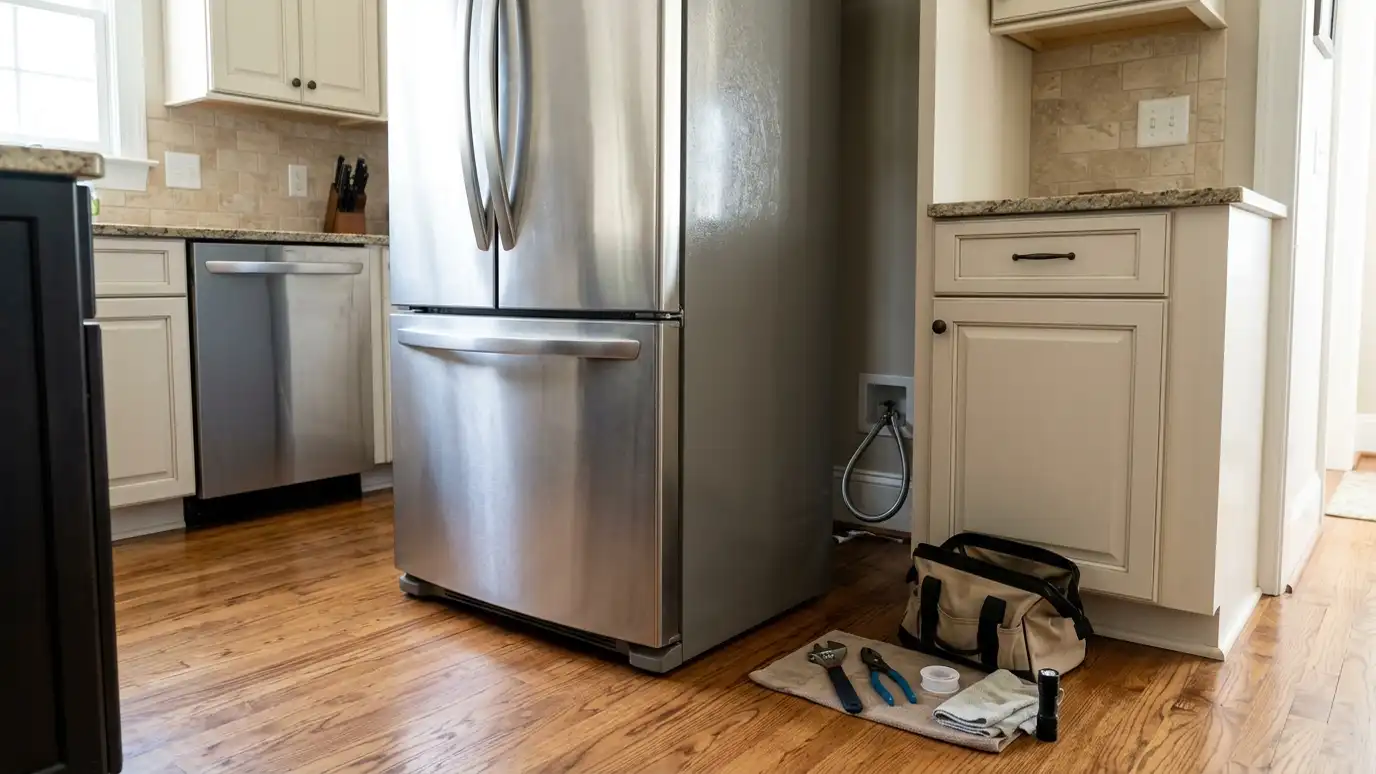 Our appliance repair process | Music City Appliance Repairs A repaired refrigerator being pushed back into place with a freshly installed water line and tools neatly stacked on the floor