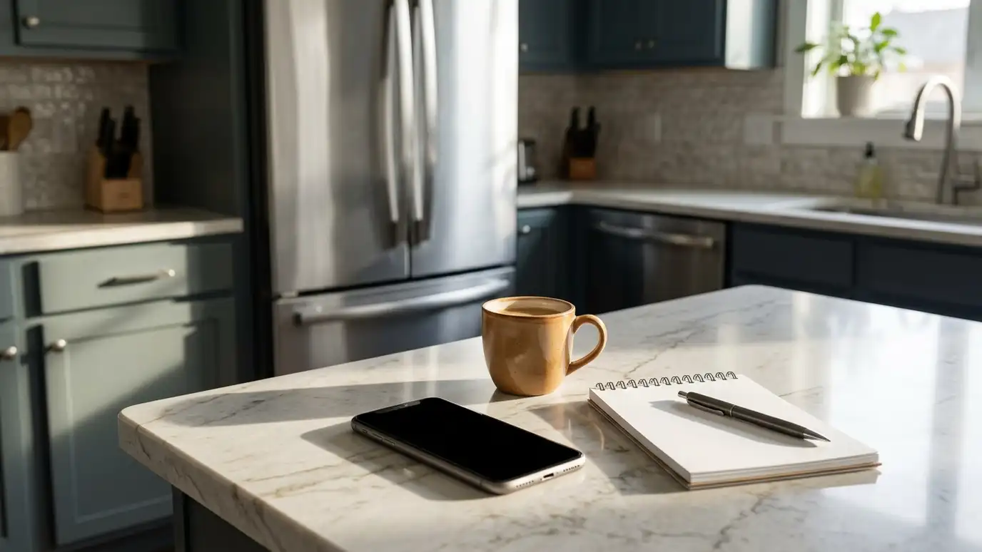 A phone and a coffee cup on a kitchen counter next to a notepad and a pen with a stainless refrigerator behind in morning light