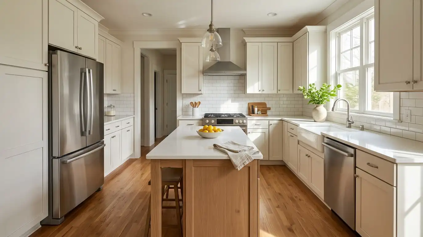 A finished spotless kitchen with a running refrigerator, a clean range and a sparkling dishwasher in soft morning light