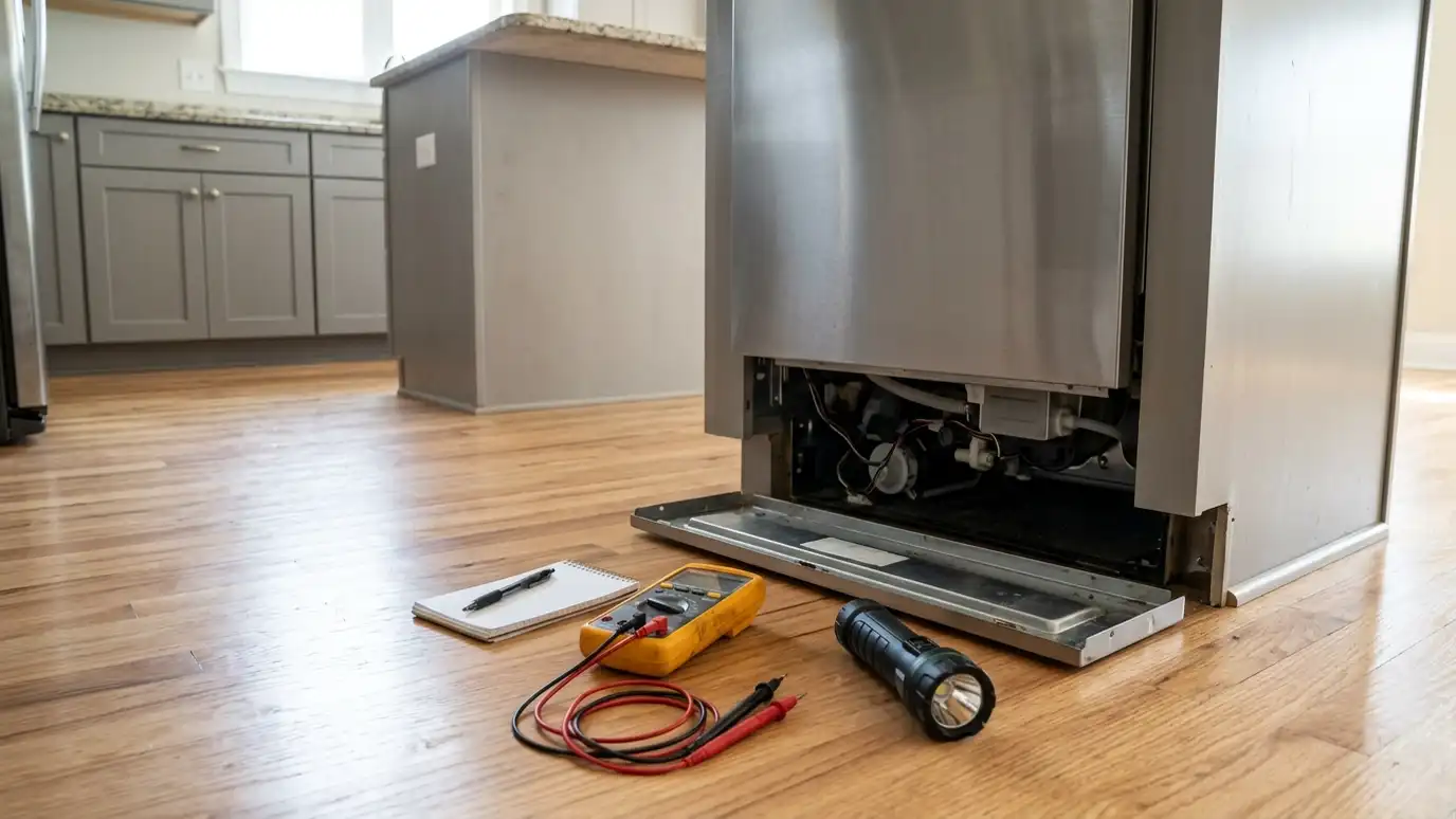 A multimeter and a flashlight on a kitchen floor beside an open appliance panel with a notepad