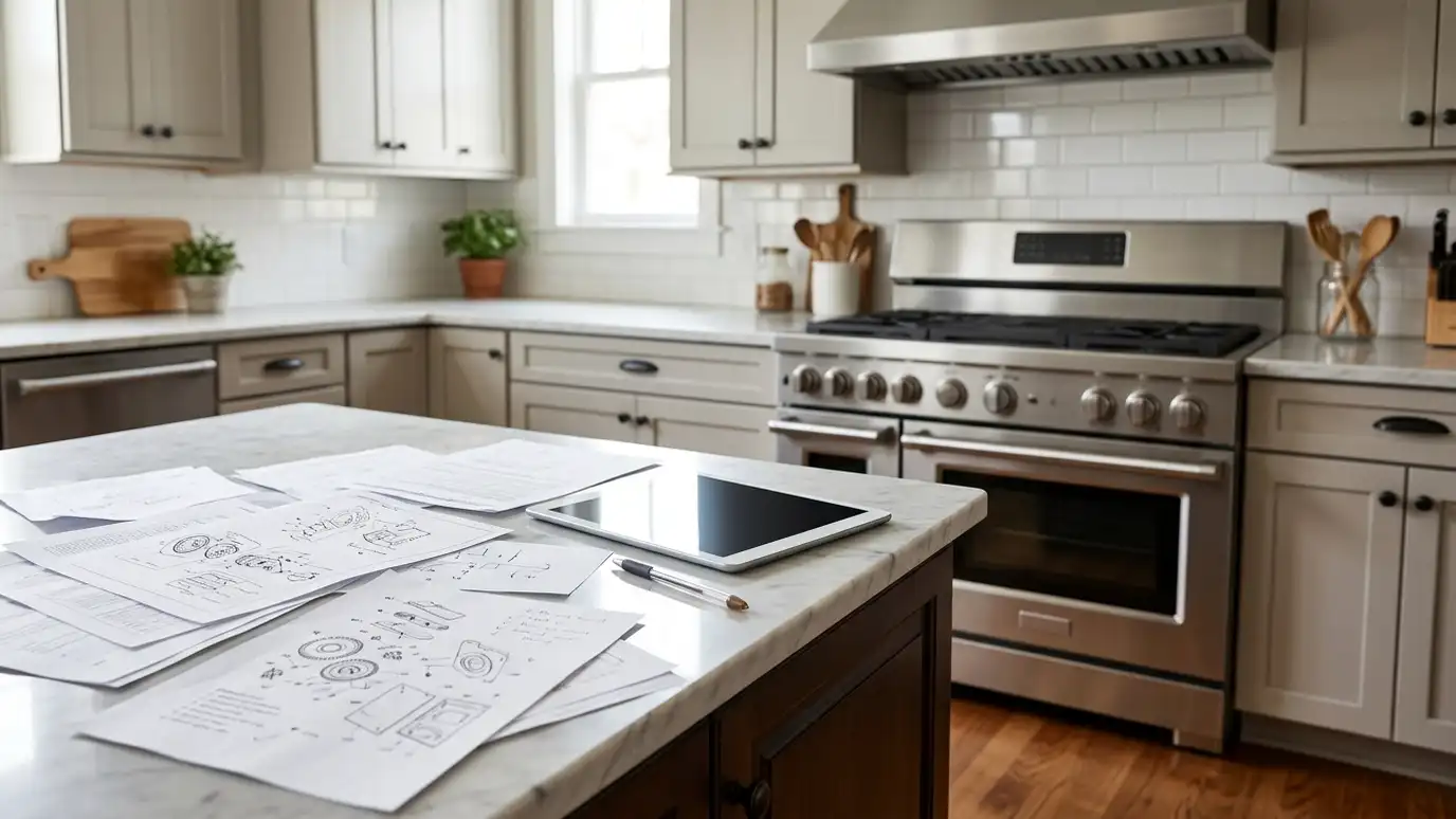 A kitchen island covered with an appliance parts list on blank paper, a tablet and a pen with a stainless range behind