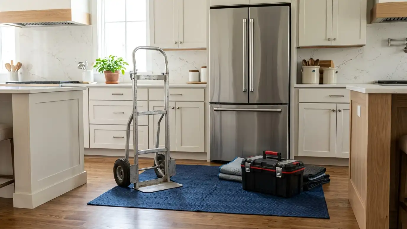 A service dolly, floor protection mats and a toolbox staged in a kitchen in front of an appliance