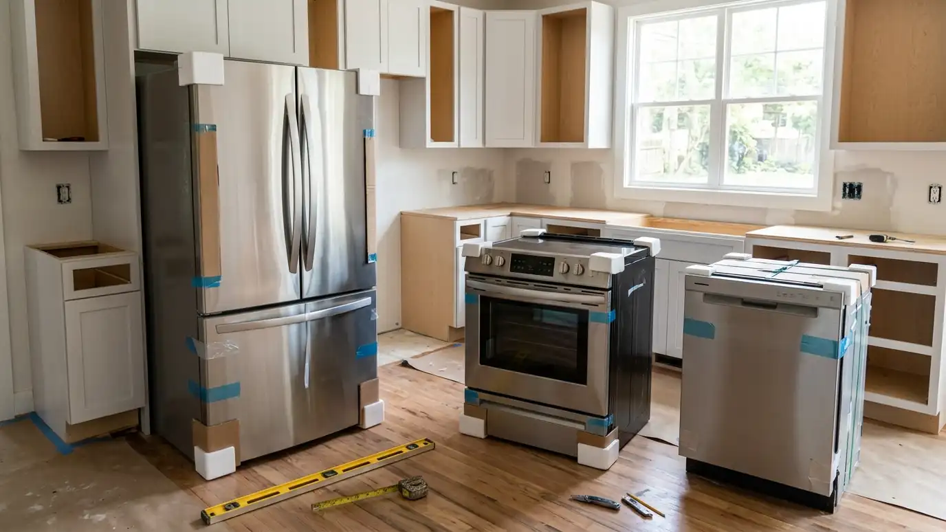 A new stainless refrigerator, range and dishwasher staged in a kitchen being fitted with a level and tape measure on the floor