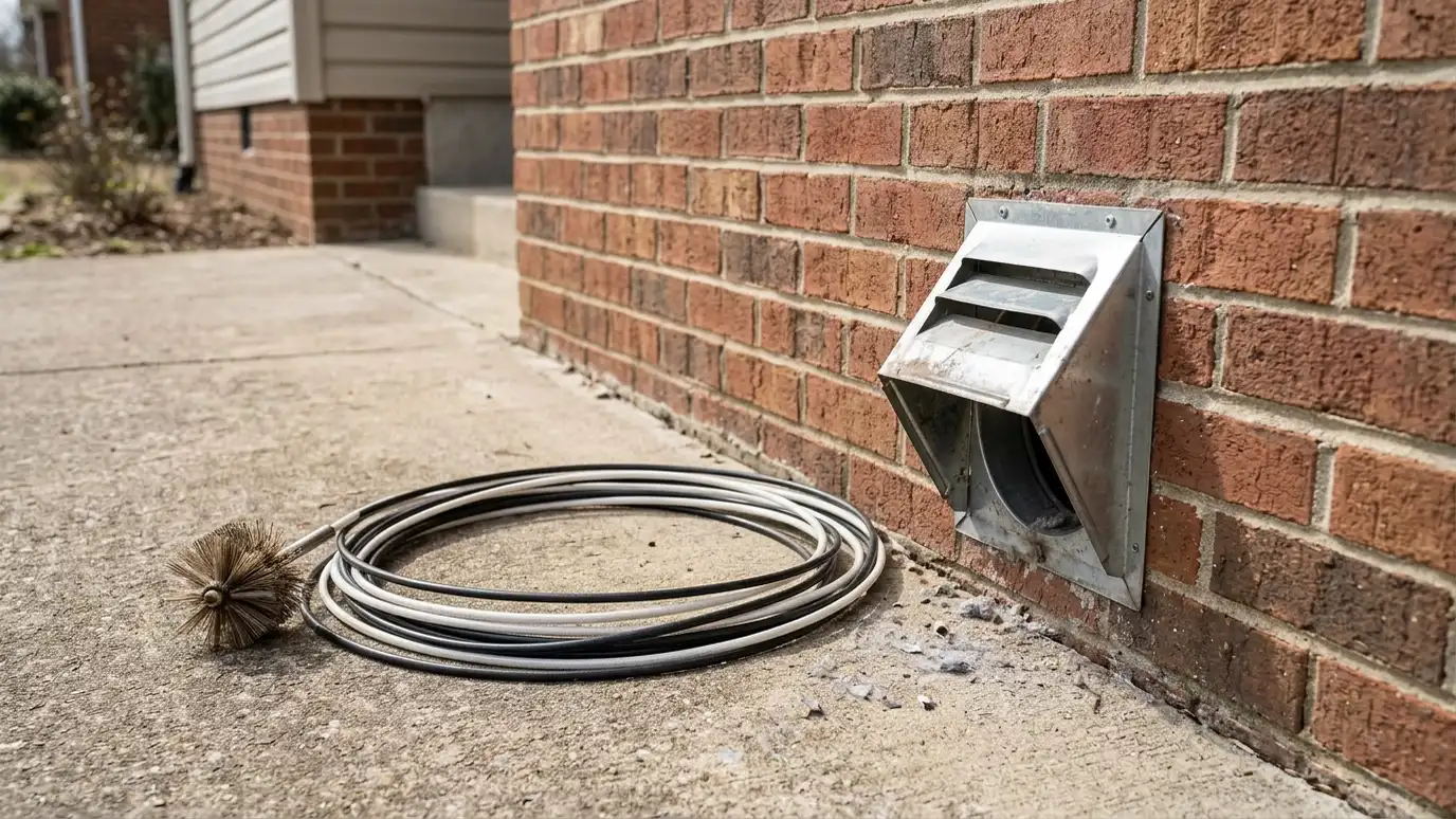 A long flexible dryer vent brush beside an open metal vent hood on the outside of a brick house A long flexible dryer vent brush beside an open metal vent hood on the outside of a brick house