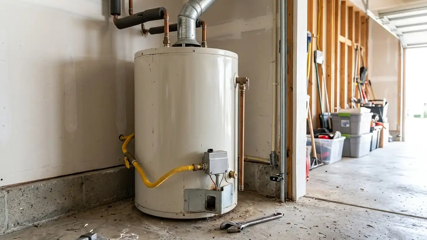 A gas tank water heater in a garage with a visible pilot access window and a flexible gas line A gas tank water heater in a garage with a visible pilot access window and a flexible gas line