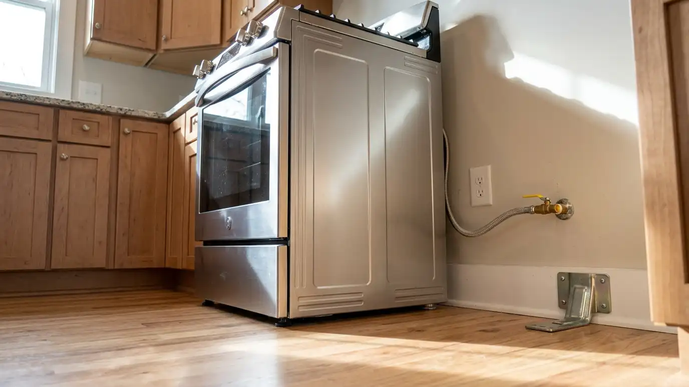 A new freestanding range placed in a kitchen opening with an anti-tip bracket and a gas shutoff valve at the wall A new freestanding range placed in a kitchen opening with an anti-tip bracket and a gas shutoff valve at the wall