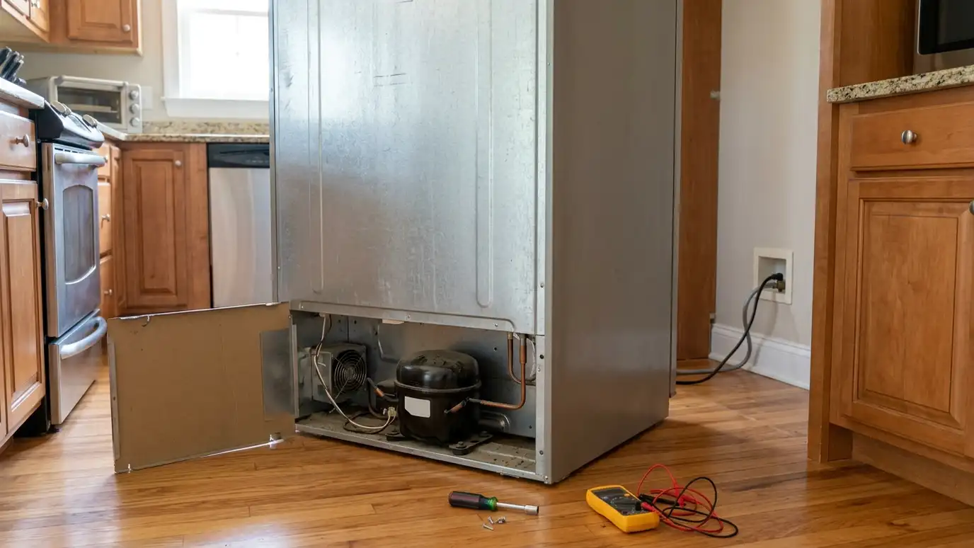 A stainless steel refrigerator pulled slightly out from the wall with the back panel open and a multimeter and nut driver on the floor