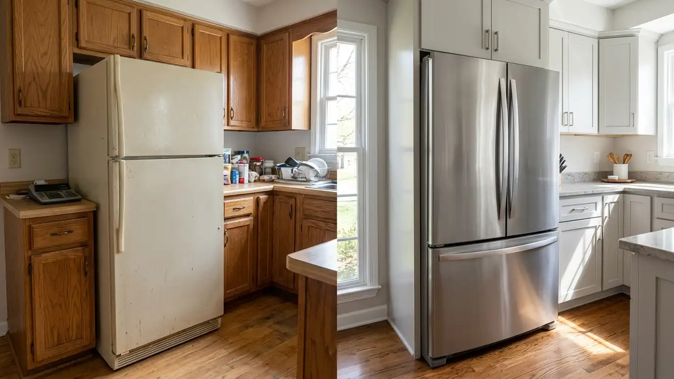 A split scene of an old almond refrigerator and a new stainless one in the same kitchen with a calculator on the counter