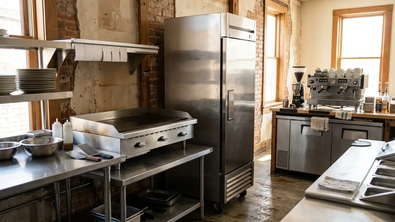 A small cafe kitchen with a stainless flat top grill and a reach-in cooler A small cafe kitchen with a stainless flat top grill and a reach-in cooler